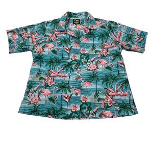 Benny's Retro Flamingo Print Button Down Shirt, Blue Pink Green, M